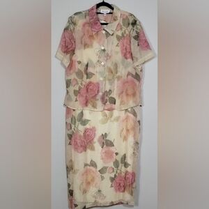 Vintage Miss Dorby Crinkle Floral Dress + Cardigan 2 Piece Set Size 14 Cottage